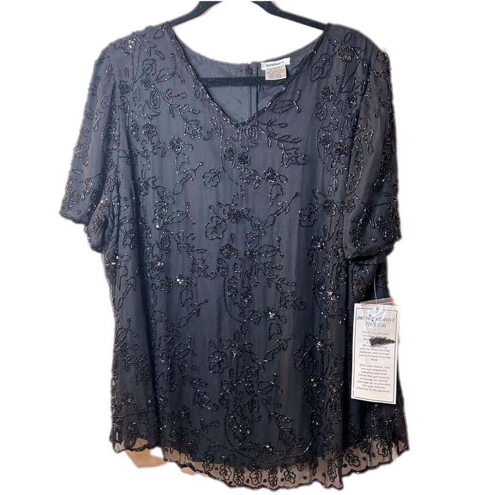 Roaman's dressy black beaded v neck top plus size 22W New  silk